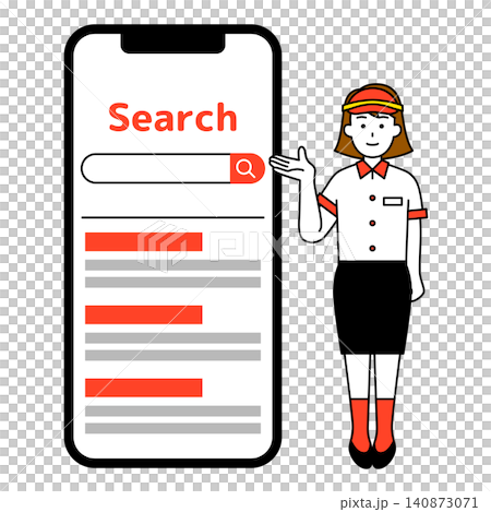 大きいスマホの画面で検索を案内するファストフード店の女性店員 大きいスマホの画面で検索を案内するファストフード店の女性店員 140873071