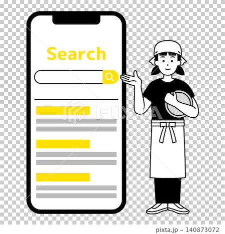 大きいスマホの画面で検索を案内する居酒屋の女性店員 140873072