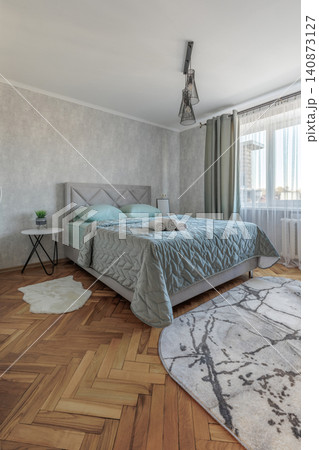 Modern Bedroom Interior with Double Bed and Parquet Floor Modern Bedroom Interior with Double Bed and Parquet Floor 140873127