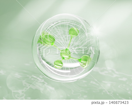 Green molecule in transparent bubble on light menthol 3d background. Aloe collagen gel serum drop, liquid bio cosmetic sphere, natural cream with peptides. Herbal shampoo organic. 3D illustration Green molecule in transparent bubble on light menthol 3d background. Aloe collagen gel serum drop, liquid bio cosmetic sphere, natural cream with peptides. Herbal shampoo organic. 3D illustration 140873423
