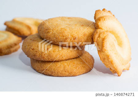Danish butter cookies on a white background. Close-up. Danish butter cookies on a white background. Close-up. 140874271