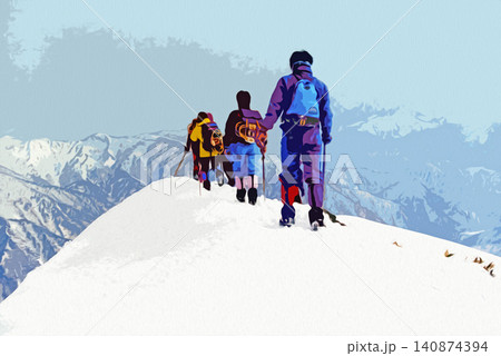 雪山を登山する人達を描いた油絵風のイラスト 雪山を登山する人達を描いた油絵風のイラスト 140874394