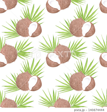 Hand drawn watercolor brown coconuts and palm tree leaves seamless pattern. Illustration isolated on white background. Can be used for textile, fabric, scrapbook and other printed products 140874444