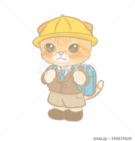 水色のランドセルを背負って黄色い帽子を被った猫の子供のイラスト入学式 水色のランドセルを背負って黄色い帽子を被った猫の子供のイラスト入学式 140874826