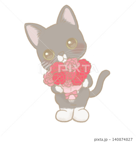 カーネーションの花束を持った黒猫の手描きイラスト 140874827