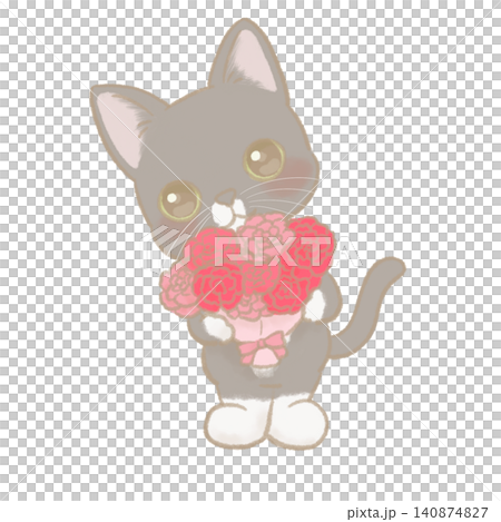 カーネーションの花束を持った黒猫の手描きイラスト 140874827
