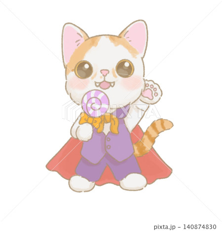 吸血鬼の仮装をしてキャンディーを持った猫の手描きイラスト 吸血鬼の仮装をしてキャンディーを持った猫の手描きイラスト 140874830