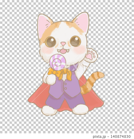 吸血鬼の仮装をしてキャンディーを持った猫の手描きイラスト 吸血鬼の仮装をしてキャンディーを持った猫の手描きイラスト 140874830