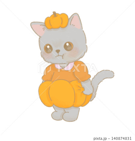かぼちゃの仮装をした不満げなグレー猫の手描きイラスト　ハロウィン 140874831