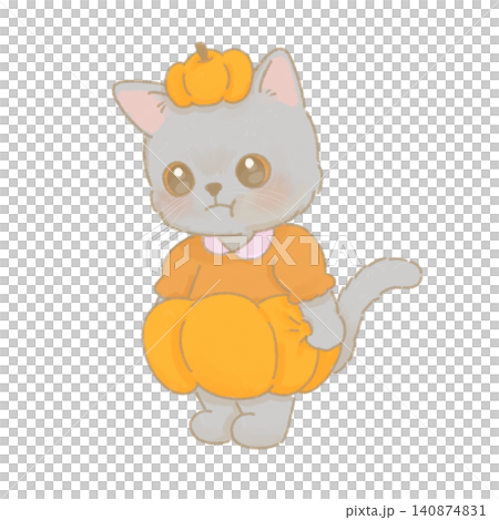 かぼちゃの仮装をした不満げなグレー猫の手描きイラスト　ハロウィン 140874831