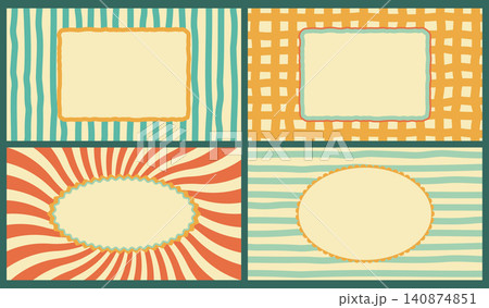 Retro groovy frame templates collection with vintage sunburst grid and hand drawn stripes flat vector backgrounds set in 70s palette for greeting cards labels and branding 140874851