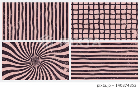 Grunge retro seamless patterns bundle with vintage sunburst swirl grid and hand drawn lines flat vector illustration in pink and black for branding packaging and digital backgrounds Grunge retro seamless patterns bundle with vintage sunburst swirl grid and hand drawn lines flat vector illustration in pink and black for branding packaging and digital backgrounds 140874852