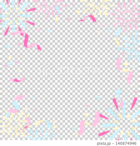 花火とリボンと紙吹雪が舞う祝賀ムードの背景素材 フレームテンプレート パステル 花火とリボンと紙吹雪が舞う祝賀ムードの背景素材 フレームテンプレート パステル 140874946