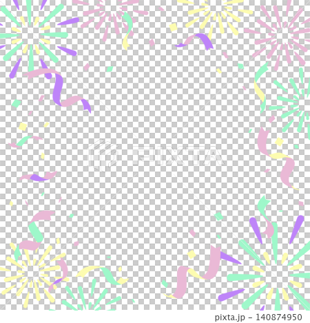 花火とリボンと紙吹雪が舞う祝賀ムードの背景素材 フレームテンプレート ネオンカラー 花火とリボンと紙吹雪が舞う祝賀ムードの背景素材 フレームテンプレート ネオンカラー 140874950