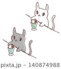 【カラーセット】クリームソーダを食べる猫の可愛いイラスト素材 140874988