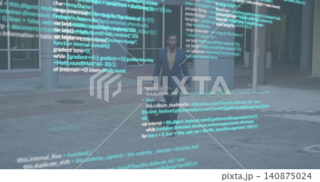 Standing man wearing dark blazer, tan shirt on tiled plaza near glass doors, holographic code Standing man wearing dark blazer, tan shirt on tiled plaza near glass doors, holographic code 140875024