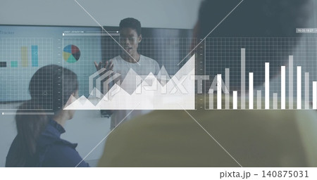 Presenting woman wearing light shirt explaining data at conference room with monitor overlays Presenting woman wearing light shirt explaining data at conference room with monitor overlays 140875031