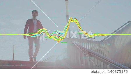 Descending man in burgundy jacket, shoulder bag, overpass stairs with waveform overlay, copy space Descending man in burgundy jacket, shoulder bag, overpass stairs with waveform overlay, copy space 140875176
