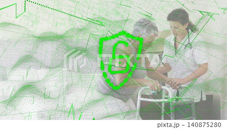 Caregiver in white top leaning, helping seated woman with walker at clinic stethoscope green shield 140875280