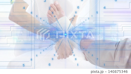 Joining four colleagues' hands at clinical meeting, showing white coat, watch and blue node overlay Joining four colleagues' hands at clinical meeting, showing white coat, watch and blue node overlay 140875346