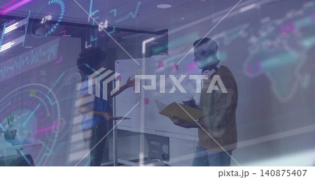 Pointing two teammates reviewing whiteboard in meeting room, wearing casual attire with tablet, HUD Pointing two teammates reviewing whiteboard in meeting room, wearing casual attire with tablet, HUD 140875407