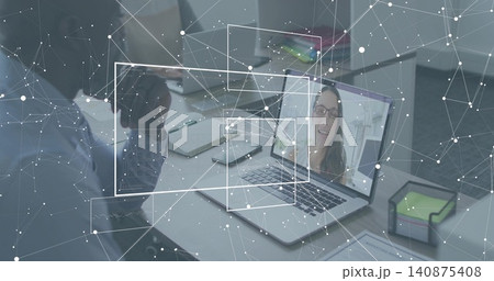 Displaying laptop screen showing remote colleague joining call at office table check shirt notebook 140875408