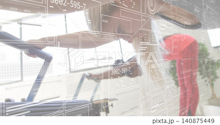 Leaning blonde woman wearing red leggings and dark top pushing treadmill near windows, HUD overlays 140875449