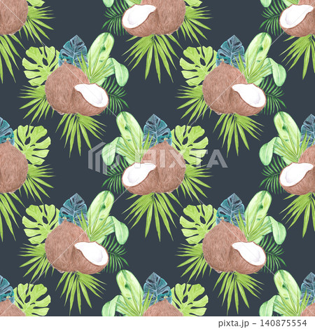 Hand drawn watercolor brown coconuts and tropical leaves seamless pattern. Illustration isolated on dark blue background. Can be used for textile, fabric, scrapbook and other printed products Hand drawn watercolor brown coconuts and tropical leaves seamless pattern. Illustration isolated on dark blue background. Can be used for textile, fabric, scrapbook and other printed products 140875554