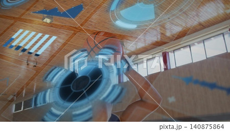 Raising basketball overhead, male player wearing sleeveless jersey shooting in gym, with blue HUD Raising basketball overhead, male player wearing sleeveless jersey shooting in gym, with blue HUD 140875864