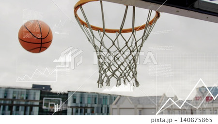 Showing basketball hoop and braided nylon net occupying rooftop court, with faint data overlays Showing basketball hoop and braided nylon net occupying rooftop court, with faint data overlays 140875865