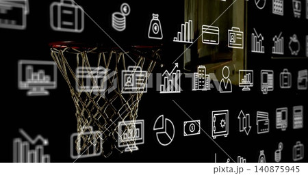 Lighting metal hoop with woven net in dark stage, floating finance icons, wooden panel, copy space Lighting metal hoop with woven net in dark stage, floating finance icons, wooden panel, copy space 140875945