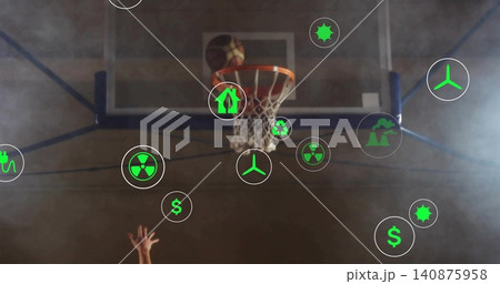 Reaching hand grabbing ball at rim on center hoop in gymnasium, jersey player, green icons Reaching hand grabbing ball at rim on center hoop in gymnasium, jersey player, green icons 140875958