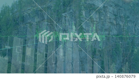 Showing rocky cliff face with pines, faint charts and numbers on mountain cliff with green waveform Showing rocky cliff face with pines, faint charts and numbers on mountain cliff with green waveform 140876079