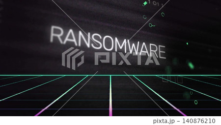 Displaying white RANSOMWARE text hovering over neon grid floor in cyber terminal, with scanlines 140876210