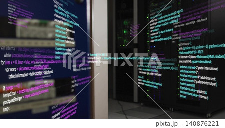 Displaying glass-front server racks with stacked chassis and code reflections in data center aisle 140876221