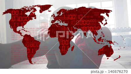 Sitting adult male hugging knees by windows in sportswear, red map overlay, dumbbell rack, bench Sitting adult male hugging knees by windows in sportswear, red map overlay, dumbbell rack, bench 140876270