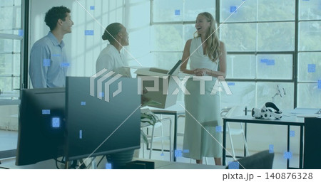 Smiling woman in light sleeveless dress speaking to colleagues at open-plan office, VR, copy space Smiling woman in light sleeveless dress speaking to colleagues at open-plan office, VR, copy space 140876328