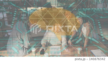 Working seated man using tablet and phone at wooden table in cafe, smart-casual, cups, docs, AR 140876342