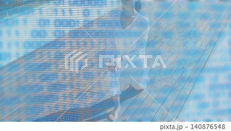 Sitting adult female wearing light dress and sandals on wooden deck, blue binary scanlines overlay 140876548