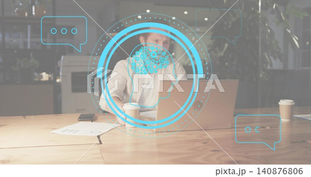 Working mid-adult man in light shirt at office, typing on laptop with coffee, charts and AI-overlay Working mid-adult man in light shirt at office, typing on laptop with coffee, charts and AI-overlay 140876806