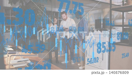 Analyzing team in business attire pointing at tablet in open office, printer, blue AR charts Analyzing team in business attire pointing at tablet in open office, printer, blue AR charts 140876809