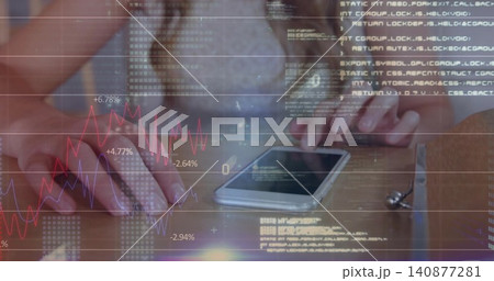 Typing female hands pressing keyboard, reaching for phone on wooden desk, pale sleeve, code charts Typing female hands pressing keyboard, reaching for phone on wooden desk, pale sleeve, code charts 140877281