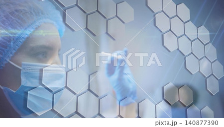 Checking masked nurse bouffant cap mask holding swab in glove at lab, hexagonal overlay, copy space 140877390