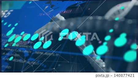 Displaying stylized DNA helix running diagonally in 3D UI, showing glowing cyan dots, grid, network Displaying stylized DNA helix running diagonally in 3D UI, showing glowing cyan dots, grid, network 140877421
