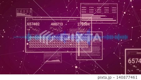 Showing data dashboard centering on magenta, with keyboard, blue waveform, numeric IDs, mesh Showing data dashboard centering on magenta, with keyboard, blue waveform, numeric IDs, mesh 140877461