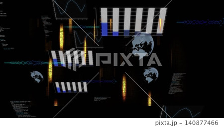 Showing layered data console on dark screen, with striped bars, globe icons, blue waves, telemetry Showing layered data console on dark screen, with striped bars, globe icons, blue waves, telemetry 140877466