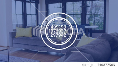 Floating circular white HUD showing numbers 499193 1376937 297942 in living room amid gray sofas Floating circular white HUD showing numbers 499193 1376937 297942 in living room amid gray sofas 140877503