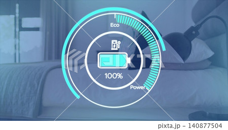 Floating HUD showing 100%, charger symbol, Eco or Power arcs in modern bedroom with bed lamp window 140877504
