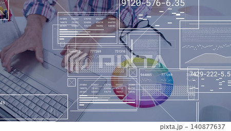Typing man in plaid shirt, sleeves rolled, at office desk with laptop, color wheel, glasses, HUD Typing man in plaid shirt, sleeves rolled, at office desk with laptop, color wheel, glasses, HUD 140877637