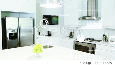 Showcasing kitchen island featuring glass bowl of green apples in white kitchen, with AR overlays 140877789